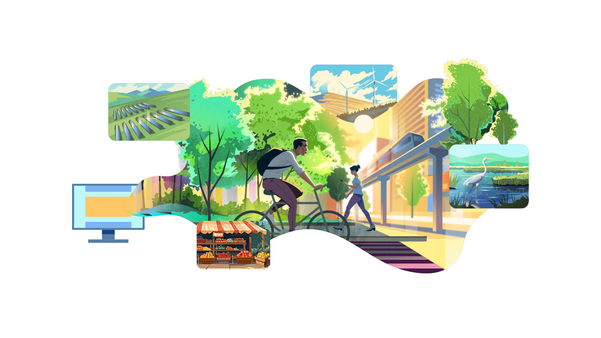 A computer screen flowing into collage of multiple illustrations—people living in a city, a market storefront, a wind farm, a marshland, and a solar panel field