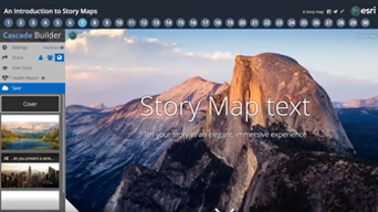 Photograph of Half Dome Peak in Yosemite at sunrise with a text overlay that reads, "Story map text"