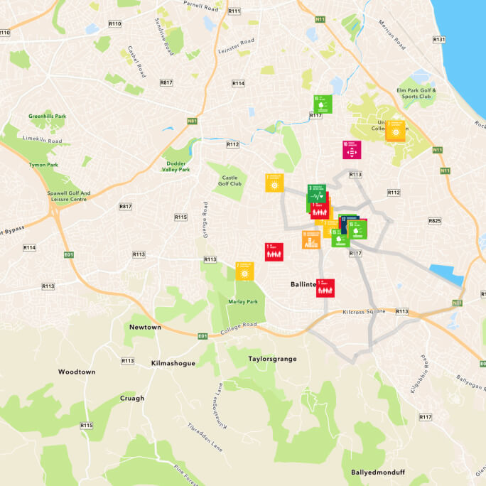Map with icons representing SDGs