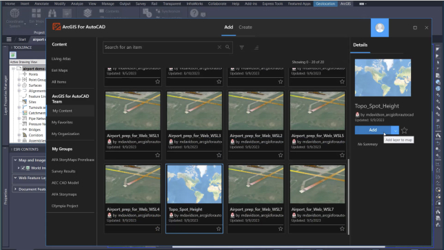 Eight boxes with images inside of green terrain and multicolored lines representing functionality in ArcGIS for AutoCAD 