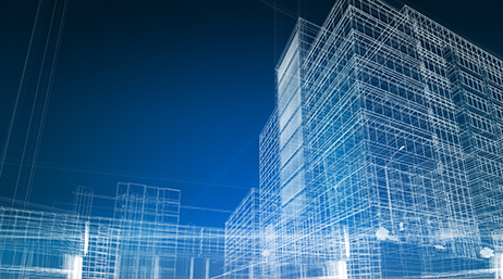 A digital 3D mesh model of a multistory building