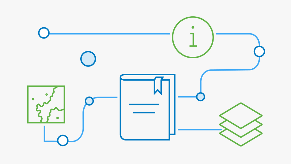 A stylized icon of a book connected to a stack of may layers, a street map, and an "information" symbol of a letter I inside a circle