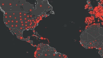 A grey map showing most of North America, the top of South America, and western parts of Europe and Africa overlaid with glowing red dots
