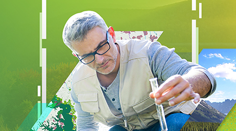 A composite image of a person wearing a pocketed vest holding a test tube overlaid with a small map and a small image of a mountain scene with bright blue skies