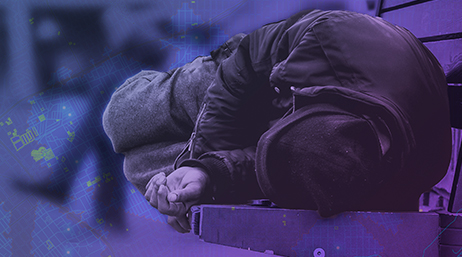 A composite image with a person sleeping on a public bench and a street map in the background