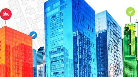 3D buildings in ArcGIS Urban with icons showing their status as complete, under construction, or planning