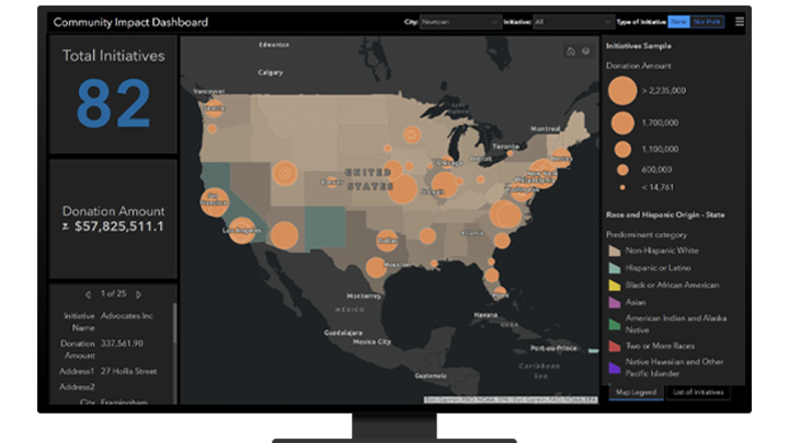 A community impact dashboard with a map of the United States showing donations and progress on initiatives