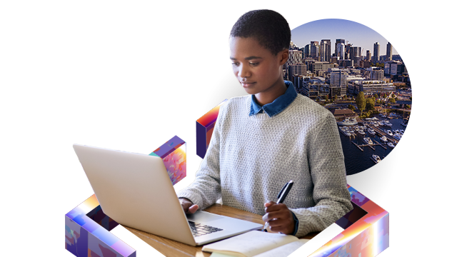 Person writing notes while looking at a laptop computer, alongside a photo of a skyscraper and the land beneath it, a location marker, and a colorful map hexagons
