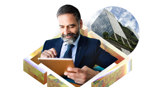 Person looking outward while selecting something on a tablet, alongside a photo of a city, a location marker, and colorful map hexagons