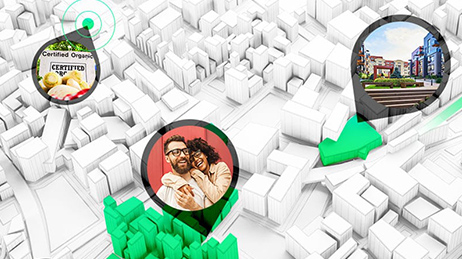 A white map of buildings with three bubbles that have photos of a couple, a courtyard, and a food label
