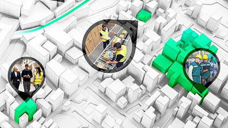 A white map of buildings with three bubbles that have photos of people packing boxes, walking together, and standing in hard hats