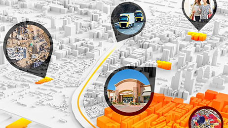 A white map of buildings with five bubbles that have photos of trucks on the road, people shopping, and buildings