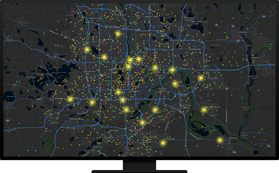 A dark grey map with bright yellow dots and blue lines