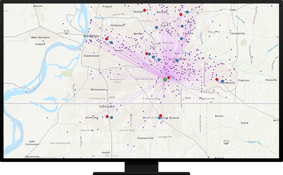 A beige map that has a green dot in the middle with purple lines radiating out of it