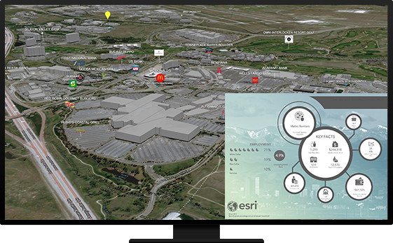 A 3D map of a large commercial building with key facts