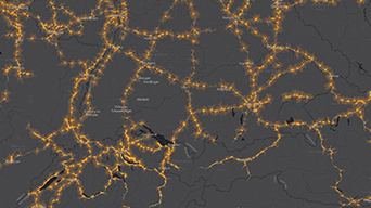 Grey map with yellow dots in lines