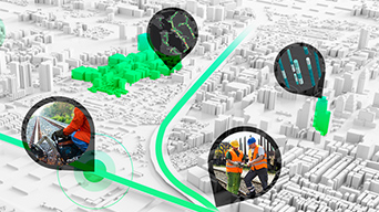 A 3D map of white buildings with images of maps and people