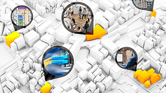 A 3D map of white buildings with images of people shopping, buildings and maps