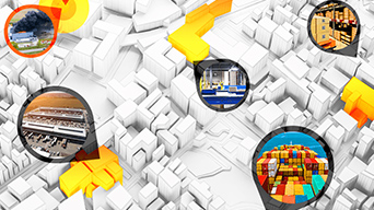 A 3D map of white buildings with images of buildings and containers