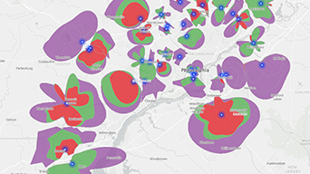 A light grey map with purple, red, and green areas