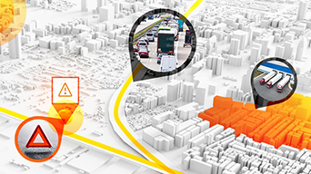 A 3D map of white buildings with images of traffic, parked trucks, and a hazard symbol
