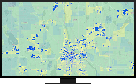 A green map with blue and yellow polygons