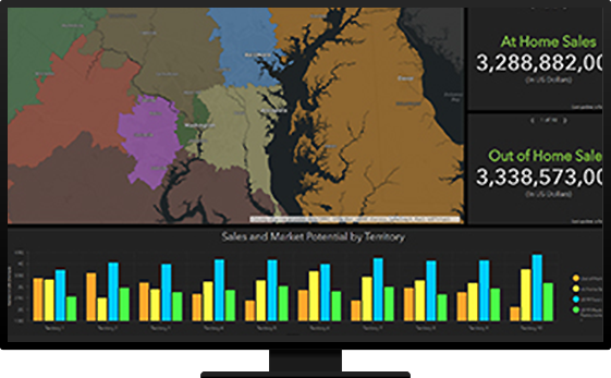 A multi-colored map with home sales metrics to the right and bar graphs on the bottom of the screen