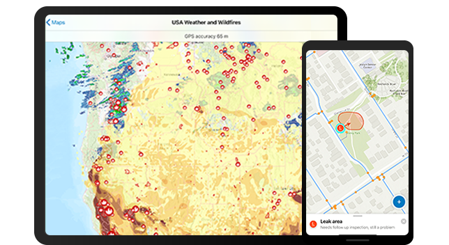 A tablet screen with a map of USA weather and wildfires next to a smart phone screen with a zoomed in view of an area