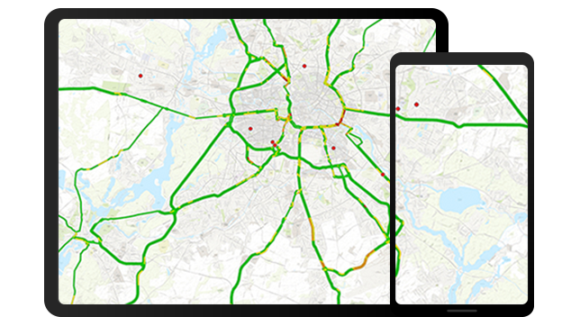 A tablet next to a smart phone and both have the same street map on them