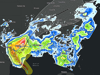 A dark weather map of the southeastern region of the United States