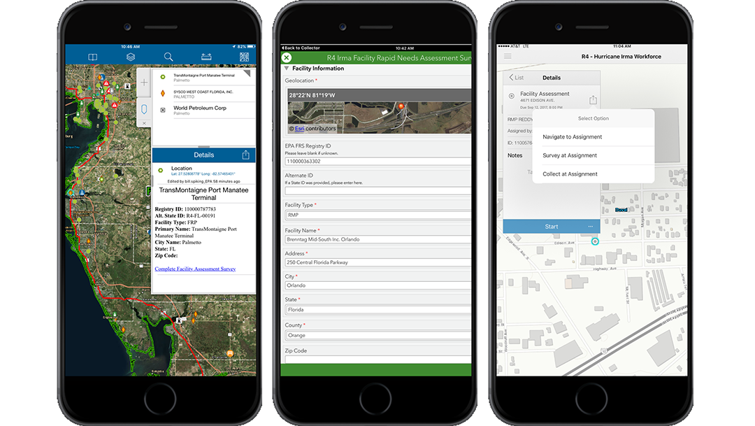 Three iPhones showing Collector and Survey123 in the field.