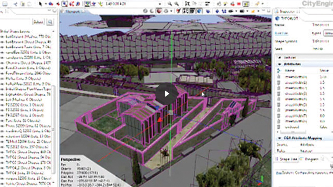 Screenshot of CityEngine software with video play icon