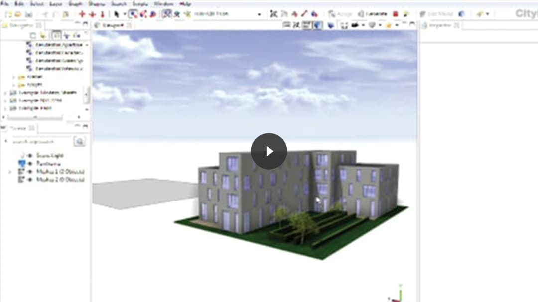 Screenshot of process creating with CityEngine overlaid with video play icon