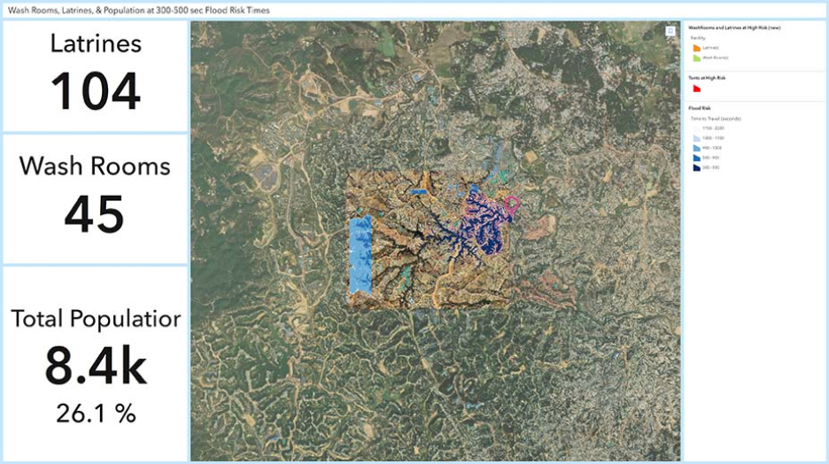 A map of Kutupalong refugee camp shows latrines, wash rooms, population, and flood risk in red, blue, orange, green, purple