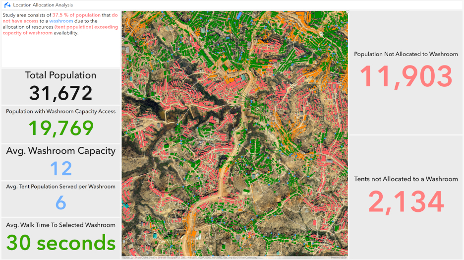 A map of the Kutupalong refugee camp shows its population and how many have access to wash rooms using green, blue, and red