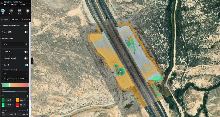Drone imagery analysis with the cut/fill tool compares the elevations of project design and on-the-ground execution