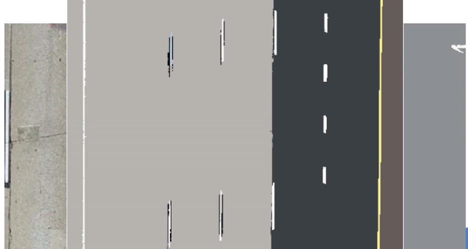  A drone view of roads with white lane striping can be analyzed to distinguish between concrete and asphalt surfaces