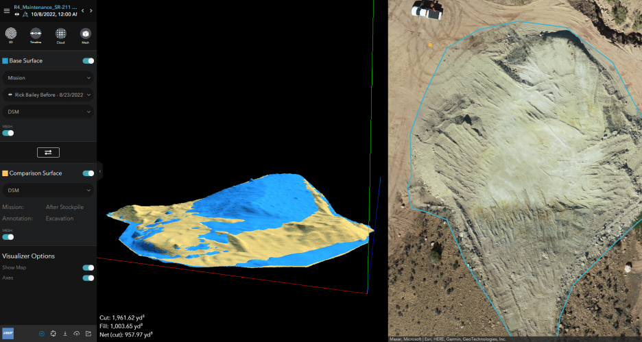 A screen view of imagery analysis shows how UDOT performs cut and fill analysis with Site Scan for ArcGIS